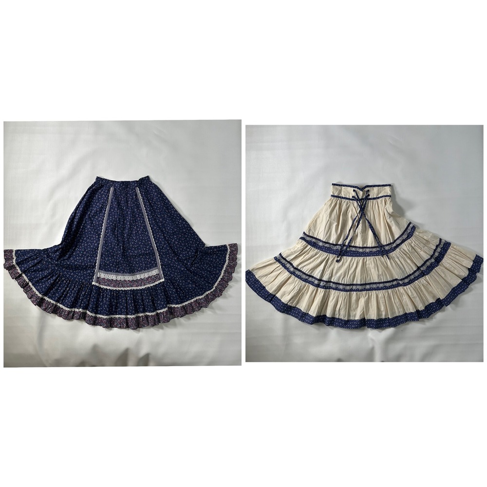 2! VTG Gunne Sax Jessicas Gunnies Boho Prairie Maxi Skirt Blue Floral Tier Lace